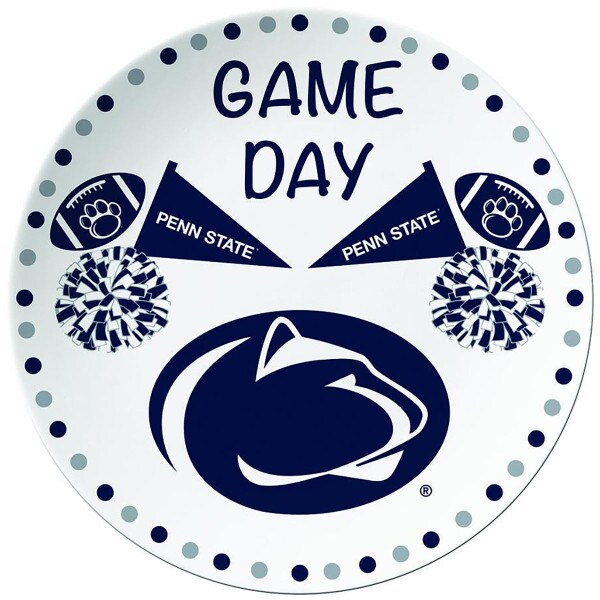white ceramic plate with Game Day, Penn State pennants, footballs with paw prints, pompoms, and Athletic Logo